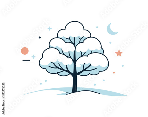 Tranquil Snowy Tree. Symbolic winter calm. A minimal editorial scene with a single tree covered in snow, standing quietly in open space. The illustration