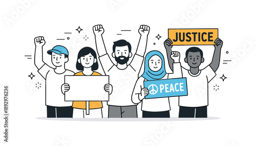 Peaceful Rally Unity. Protest or rally support. Participants standing side by side with raised hands and signs, unity and peaceful determination. Minimalist