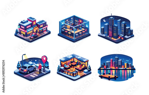 Modern Winter Nightlife. Modern winter nightlife. Isometric flat vector icons set of Modern winter nightlife: neon-lit street block, glass bar interior cube,