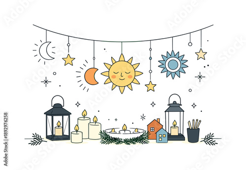 Winter Solstice Decor. Winter solstice celebration decor. A simple party setup with lanterns, candles, and abstract sun symbols hanging as decorations. Calm