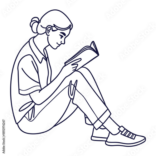 Woman sitting comfortably reading book with relaxed expression