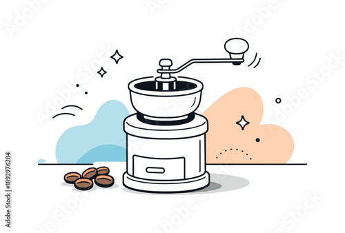 Morning Coffee Ritual. Manual coffee grinder. A hand-operated coffee grinder placed on a table, simple handle and beans nearby, calm morning ritual mood. Quiet