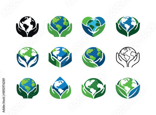 Eco Logo Variations. Environmental activism. Icon set. Set Logo of Environmental activism: earth with protective hands. harmonious logo variations of the same