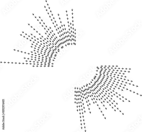 Airplane icons forming two elongated beam-like ray paths.