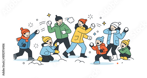 Playful Snowball Fun. Snowball fight. Kids and adults playfully throwing snowballs at each other in a winter setting. Lighthearted fun, laughter and active