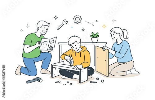 Family Furniture Assembly. People assembling furniture. Parents and a teenager building a desk together at home. Friendly everyday activity showing cooperation