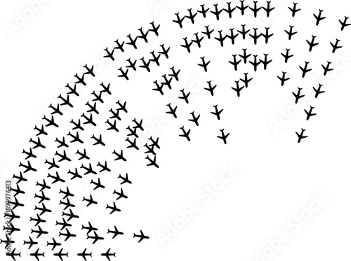 Top view airplane icons forming partial radial paths within a quarter arc.