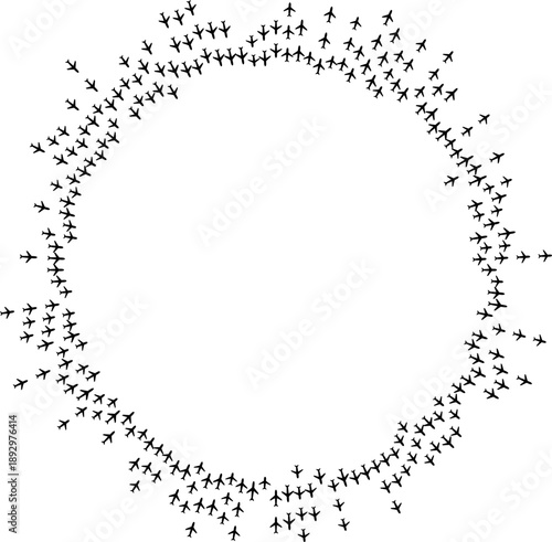Top view airplane icons forming circular paths with inner and outer flow around a center void.