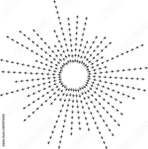 Top view airplane icons arranged as radial paths with varied path reach.
