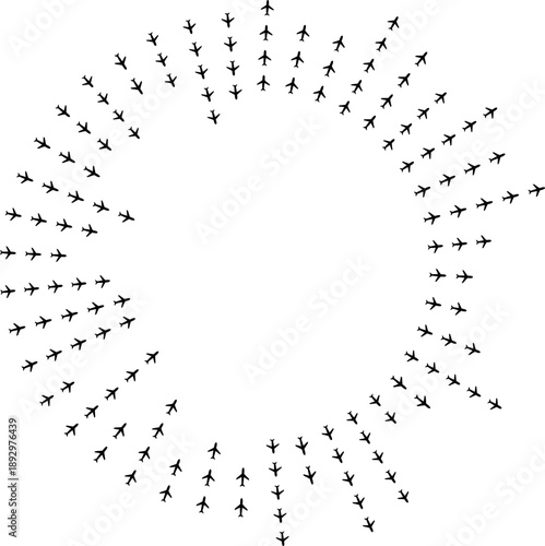 Top view airplane icons arranged half inward and half outward around a central circle.