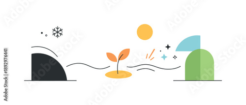 Winter's Embrace Awakens. Winter stillness breaking. Minimal abstract forms opening up, with small dynamic accents suggesting rising spring energy. Calm meets