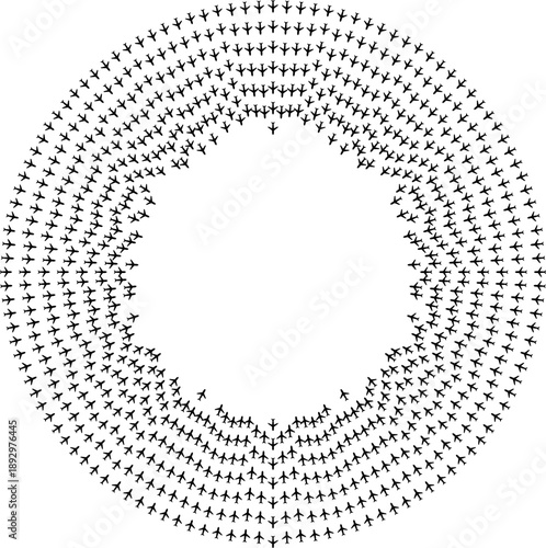 Top view airplane icons forming dual direction radial paths around a center gap.
