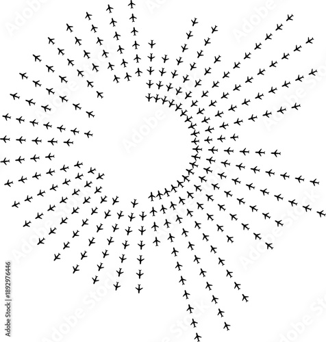Top view airplane icons forming mixed radial paths around a small central empty circle.