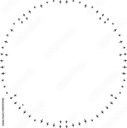 Top view airplane icons forming inward radial paths converging toward a large center space.