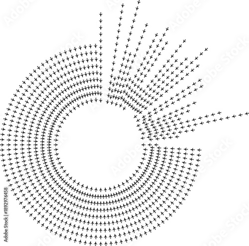 Top view airplane icons forming irregular radial paths across a quarter circular arc.