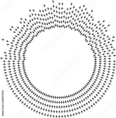 Top view airplane icons forming long radial paths across half of a circular layout.
