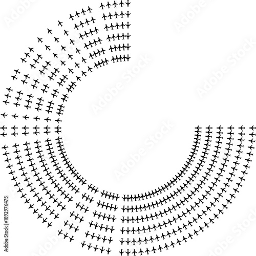 Top view airplane icons forming long radial paths with a missing quarter segment.