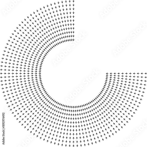 Top view airplane icons forming circular radial paths with a missing quarter section.