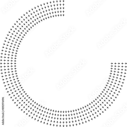 Top view airplane icons forming radial paths with central space and absent quarter arc.