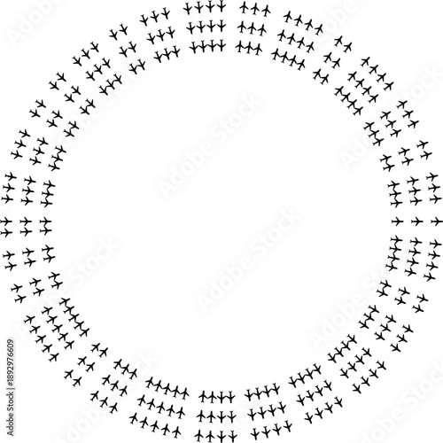 Top view airplane icons forming medium radial paths radiating from a center space.