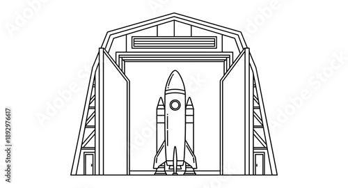 Rocket poised for launch inside a large hangar with open doors, ready for space exploration