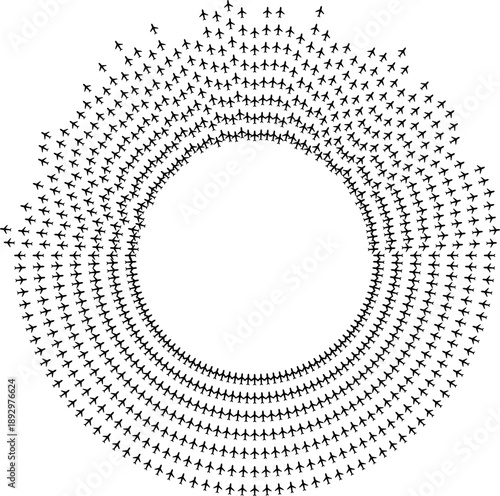 Top view airplane icons forming irregular radial paths across half a circle.