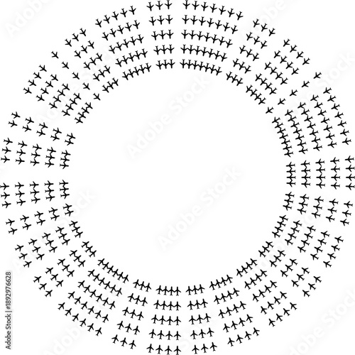 Top view airplane icons forming radial paths radiating evenly from the center.