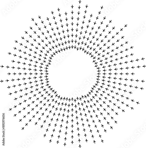 Top view airplane icons forming radial paths around a small center void.