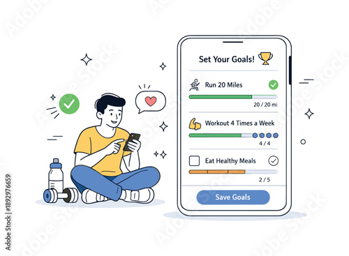 Fitness App Progress. Interactive fitness apps ? motivation and goals. Person setting fitness goals inside an app, positive and encouraging interaction.