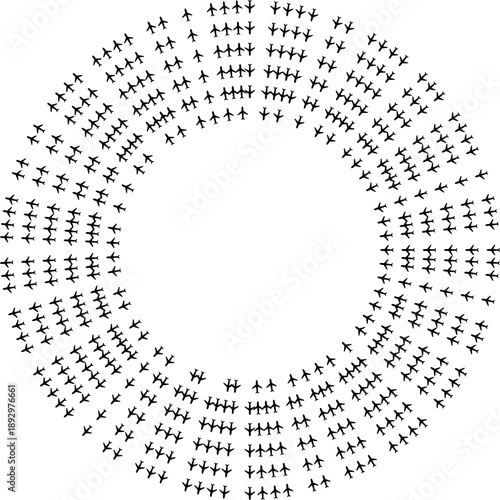 Top view airplane icons forming very long radial paths radiating from a center space.