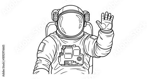 Astronaut waving hello in a simple line art style, ready for space exploration