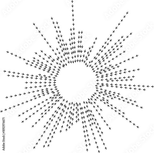 Airplane icons forming irregular radial rays expanding outward from a center.