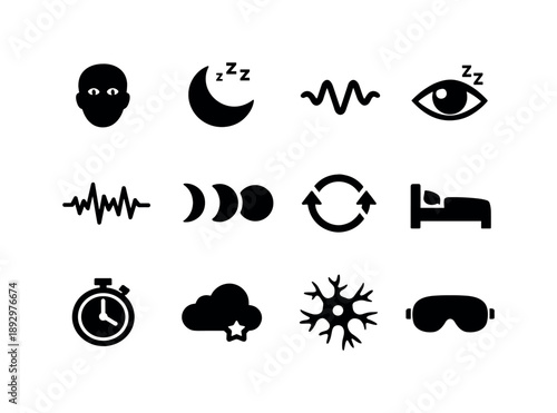 Sleep Stages Icons. Sleep stages. Solid icon set of Sleep stages: awake icon, light sleep symbol, deep sleep wave, REM eye, brainwave line, moon phase, cycle