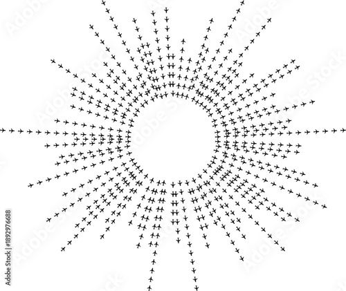 Airplane icons radiating outward as irregular rays from an empty central space.