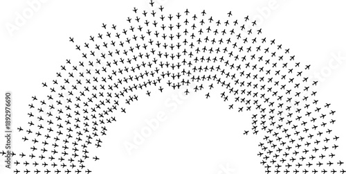 Airplane icons forming long irregular rays inside and outside a semicircular arc.