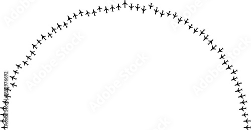 Airplane icons forming irregular rays distributed inside and outside a semicircle.