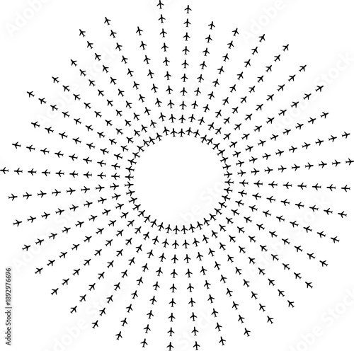 Airplane icons forming irregular semicircular rays around a circular center space.
