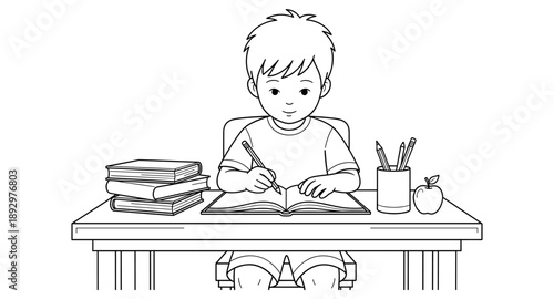 Young boy diligently writing in an open book at his desk with school supplies