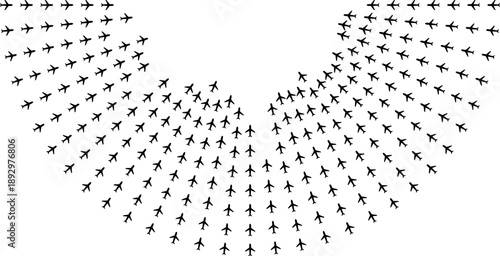 Airplane icons forming inward semicircular rays with varied line thickness.
