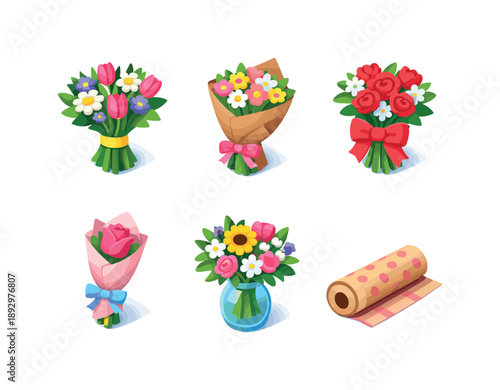 Colorful Floral Icons. Seasonal Bouquet. Isometric flat vector icons set of Seasonal Bouquet: mixed spring bouquet, wrapped flower bunch, ribbon-tied flowers,