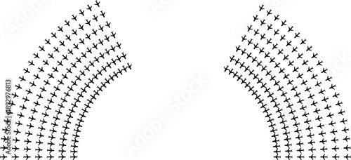 Airplane icons forming long evenly spaced rays along a semicircle.