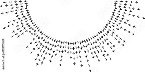 Airplane icons forming irregular semicircular rays with varied thickness and large center space.