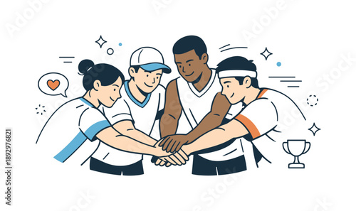 Unified Team Spirit. Sports team huddle. Players leaning in together with hands stacked in the center, preparing mentally. The illustration captures teamwork,