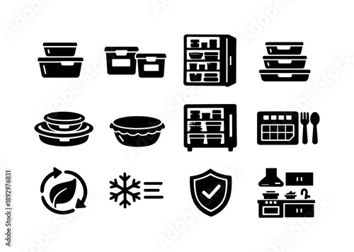Organized Food Storage Icons. Leftover food storage. Solid icon set of leftover food storage: sealed containers, labeled boxes, fridge shelves, stacked meals,