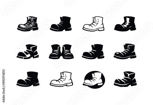 Scuffed Shoe Logos. Scuffed Shoes. Icon set. Set Logo of Scuffed Shoes: old boot with crease lines. harmonious logo variations of the same emblematic concept,