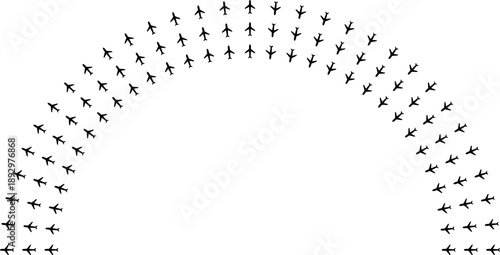Airplane icons forming semicircular rays around a central empty space.