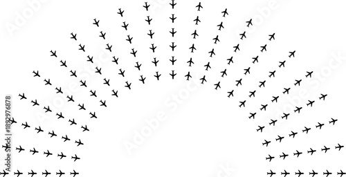 Airplane icons forming semicircular rays around a medium central empty space.