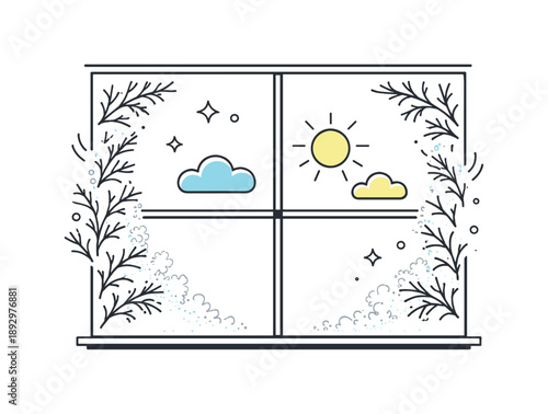 Winter's Gentle Farewell. Frost Disappearing from Windows. Window glass with soft frost patterns slowly fading, revealing clear space and light behind. Calm