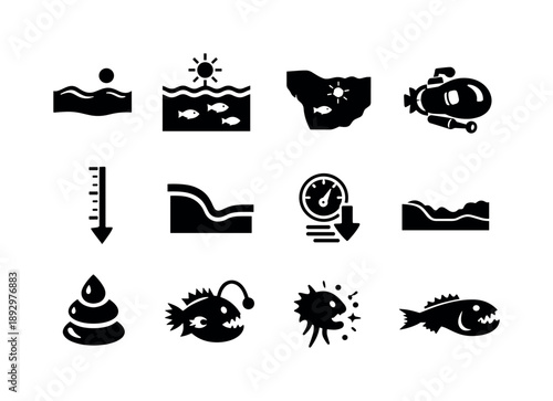 Ocean Layer Icons. Ocean layers. Solid icon set of Ocean layers: surface zone, sunlight zone, twilight zone, midnight zone, deep sea icon, ocean depth line,