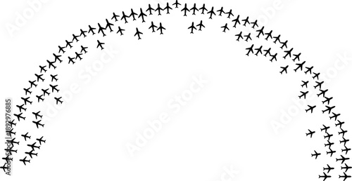 Airplane icons forming inward oriented semicircular rays around a large center space.